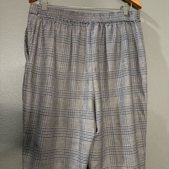 Halogen Plaid Wide Leg Work Pants Elastic Waist Black Grey Blue - Picture 7 of 10